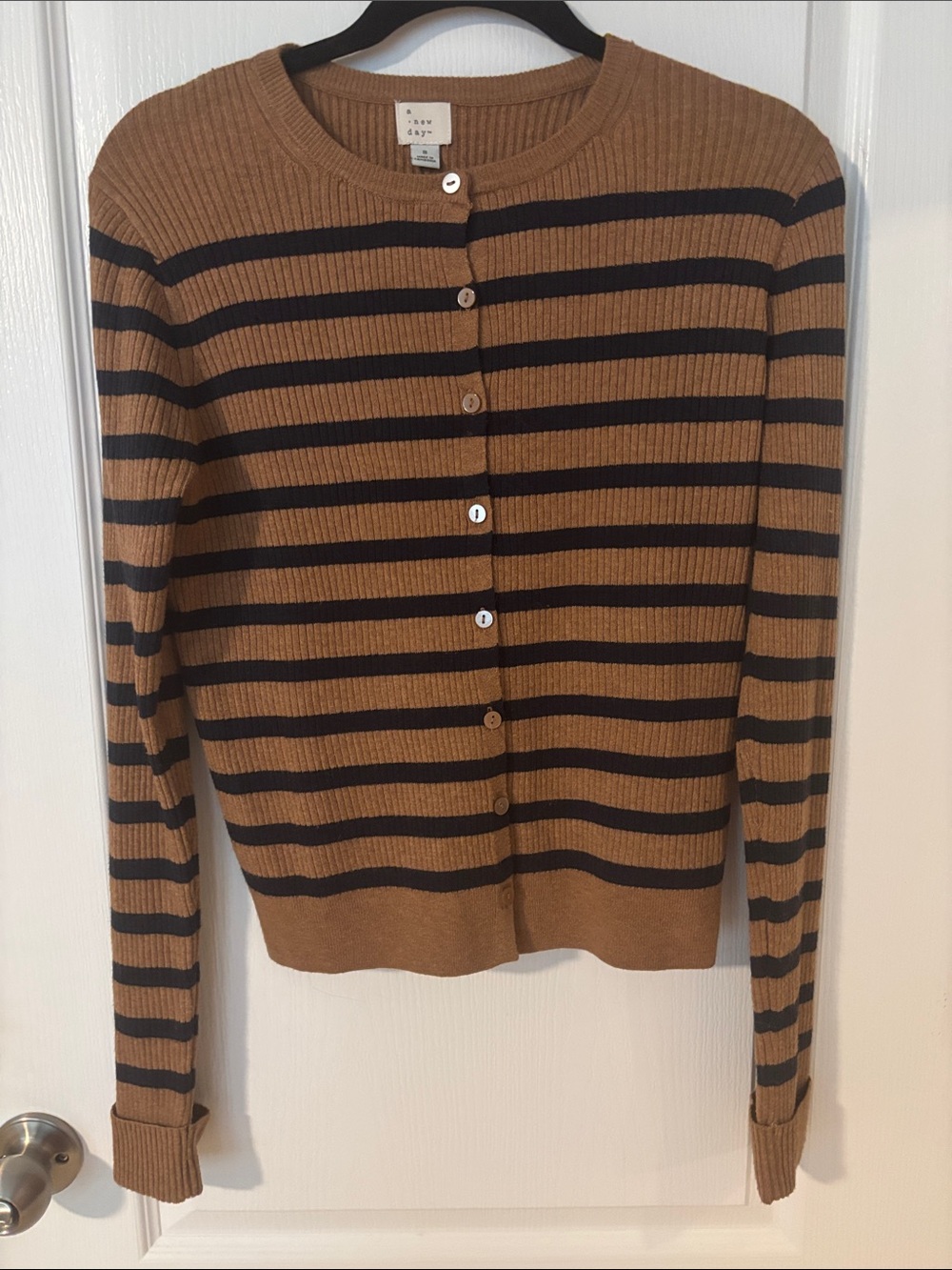 a new day Camel and Black Striped Ribbed Button Cardigan